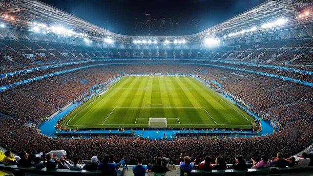 Aerial view of the entire soccer field in a large stadium, filled with cheering fans in packed stands, showcasing the excitement of the game.