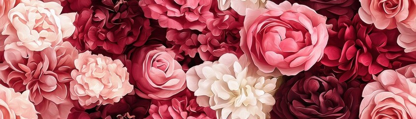 Obraz premium A vibrant arrangement of pink and burgundy roses in full bloom, creating a rich floral tapestry.