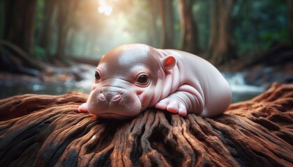 kleines Flusspferd chillt auf Baumstamm