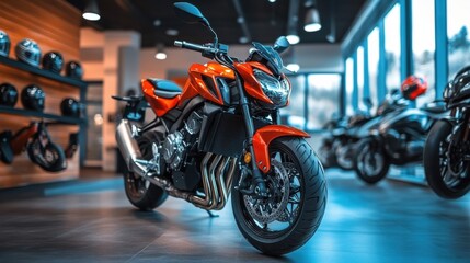 Sleek Red Motorcycle in Modern Showroom