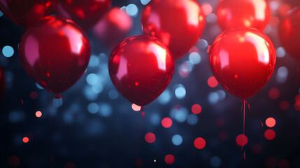 Floating red balloons illuminated by colorful sparkling lights in background