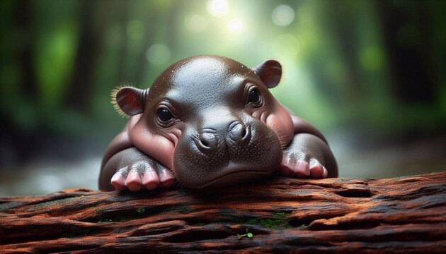 niedliches Flusspferd chillt auf Baumstamm