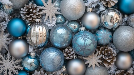 blue christmas background with snowflake and blue silver ornaments. 