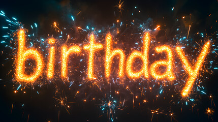 Happy birthday spelled with sparklers, celebrating in the dark