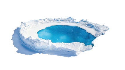 Ice formation with blue water pool, white isolate background