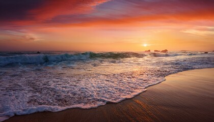 Obraz premium Waves on the beach at red sunset