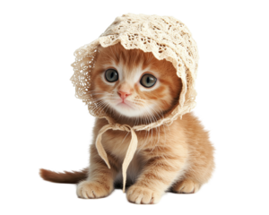 Cute kitten wearing a bonnet isolated on a transparent background