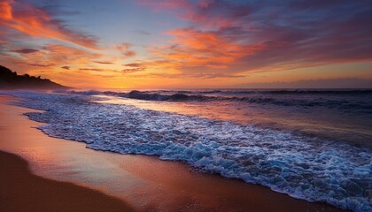 Fototapeta premium Waves on the beach at red sunset