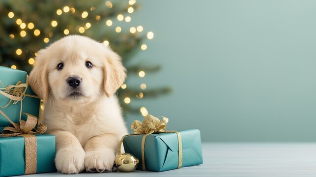 Golden Retriever puppy lies on a blue backdrop surrounded by teal gift boxes and shiny Christmas lights. Christmas and New Year festive concept with copy space.
