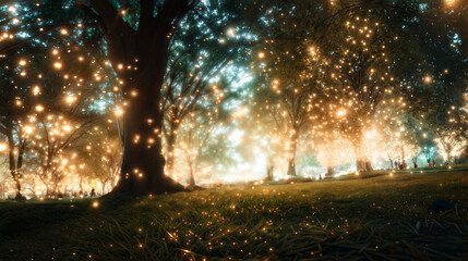 Enchanted forest with glowing fireflies at dusk