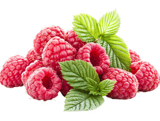 a pile of raspberries and leaves