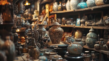 Naklejka premium Collection of antique pottery in dimly lit shop