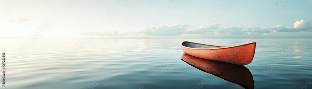 Poster A serene wooden canoe floats on calm waters, reflecting the soft colors of dawn. Perfect for tranquil nature and outdoor adventure themes.