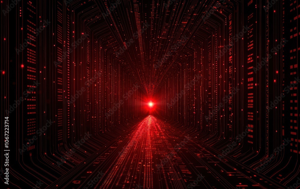 Poster a futuristic digital tunnel with glowing red lines and light, creating a sense of depth and movement