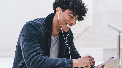 Cheerful black student texting on tablet listening to music