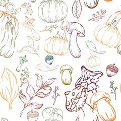 Autumn-themed illustration featuring pumpkins, mushrooms, and leaves in warm hues for seasonal decor