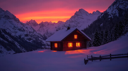 Fototapeta premium Cozy winter cabin with fence at sunset