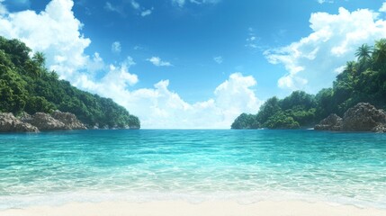 Fototapeta premium A tranquil tropical beach scene featuring clear blue water, soft white sand, and lush green palm trees under a bright blue sky.