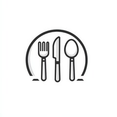 The image shows a simple, minimalist icon of a plate with a fork, knife, and spoon arranged vertically in the center. It represents dining or food-related services.