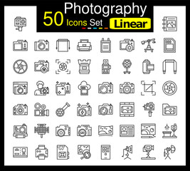 Set of 50 Photography icons related to Action Camera, Album, Back Camera, Camera Line Icon collection