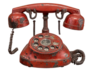 a red telephone with a rotary dial