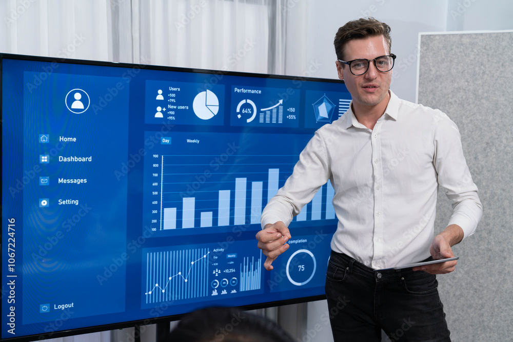 Leinwandbilder Presentation in office or meeting room with analyst team utilizing BI Fintech to analyze financial data. Businesspeople analyzing BI dashboard power display on TV screen for strategic planning.Prudent