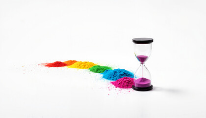 Colorful powder rainbow with hourglass on white background
