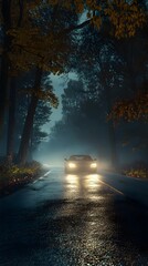 Fototapeta premium A car driving on the road through a forest at night, with fog and lights. The beautiful forest landscape is filled with trees, and a misty light