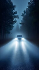 A car driving on the road through a forest at night, with fog and lights. The beautiful forest landscape is filled with trees, and a misty light