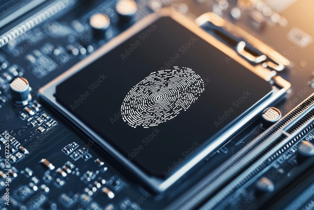 Poster a close-up view of a microchip with a digital fingerprint design, symbolizing cybersecurity and tech