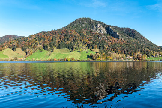Hiking trail around Lake Schliersee in the bavarian alps at Schliersee, Upper Bavaria, Germany