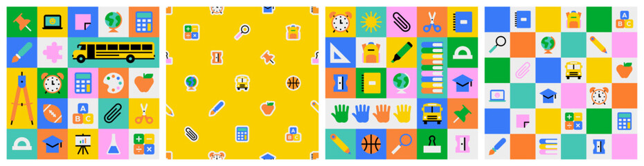 Colorful back to school geometric mosaic seamless pattern set. Modern education cartoon icon background, fun study concept wallpaper print. Children stationery texture, art supplies symbol design.
