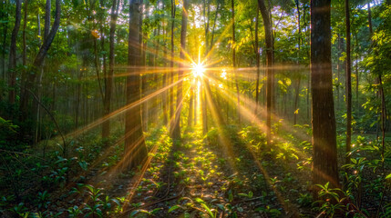 Fototapeta premium Sunlight streaming through lush green forest with radiant beams