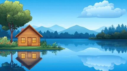 A serene lakeside scene featuring a charming wooden cabin surrounded by lush greenery and calm waters reflecting the beautiful sky.