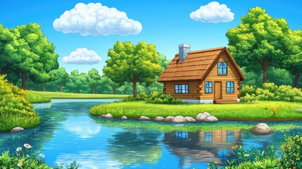 Obraz premium A serene countryside scene featuring a charming wooden cottage by a tranquil lake, surrounded by lush greenery and bright blue skies.