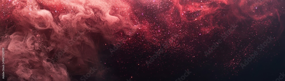 Poster a captivating abstract image of swirling pink clouds filled with sparkling particles, creating a dre