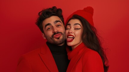 Couple in red blazers with playful expressions against red background. Valentine's Day fashion concept