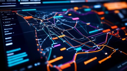 Digital map of multimodal routes, logistics dashboard, efficient tracking