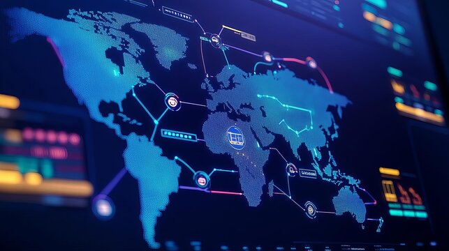 Digital map of multimodal routes, logistics dashboard, efficient tracking