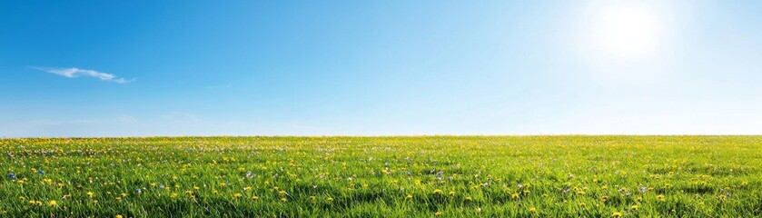 Vibrant green field under a clear blue sky, dotted with colorful wildflowers, perfect for nature, landscape, and outdoor themes.