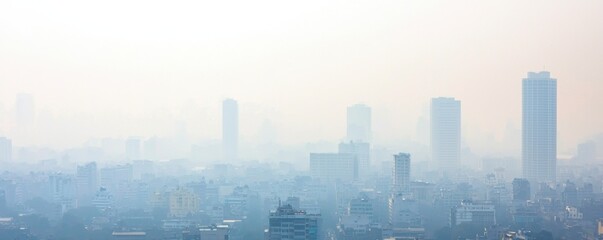 A hazy view of a city skyline, featuring tall buildings partially obscured by fog or pollution.
