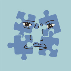 Abstract human Face on puzzle pieces. Jigsaw puzzle game with face. Contemporary minimalistic elegant style. Hand drawn modern Vector illustration. Isolated design element