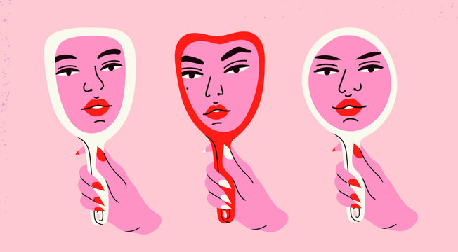 Woman's hand holding mirror reflexing her beautiful face. Lady staring at herself in mirror reflection. Hand drawn isolated Vector illustrations. Cartoon flat style. Self love, acceptance concept