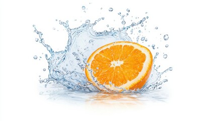 Fresh orange slice splashing in clear water, capturing the vibrant colors and refreshing essence, perfect for summer-themed projects.