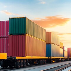 Freight containers on truck and rail, seamless logistics transfer