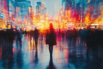 Obraz premium abstract blurred defocused tradeshow event capturing the energy and excitement of a business convention with attendees engaging in technology discussions and networking opportunities