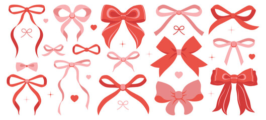 Simple hand drawn colorful ribbon bow collection. Bowknot for decoration, big set of bowtie. Large retro handdrawn ribbon illustration set. Set of various cartoon bow knots, gift ribbons. Orange color