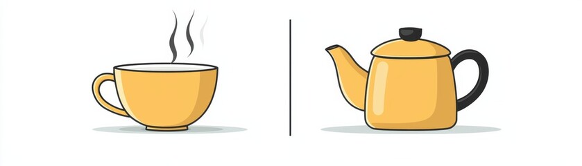 Obraz premium A minimalistic illustration of a steaming cup of tea beside a classic teapot, perfect for wellness and beverage-related themes.