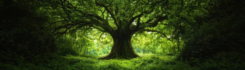 Naklejka premium Majestic ancient tree surrounded by lush greenery, creating a serene atmosphere in a vibrant forest setting, ideal for nature and landscape graphy.