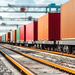 Obraz premium Freight train in motion near shipping containers, seamless transport